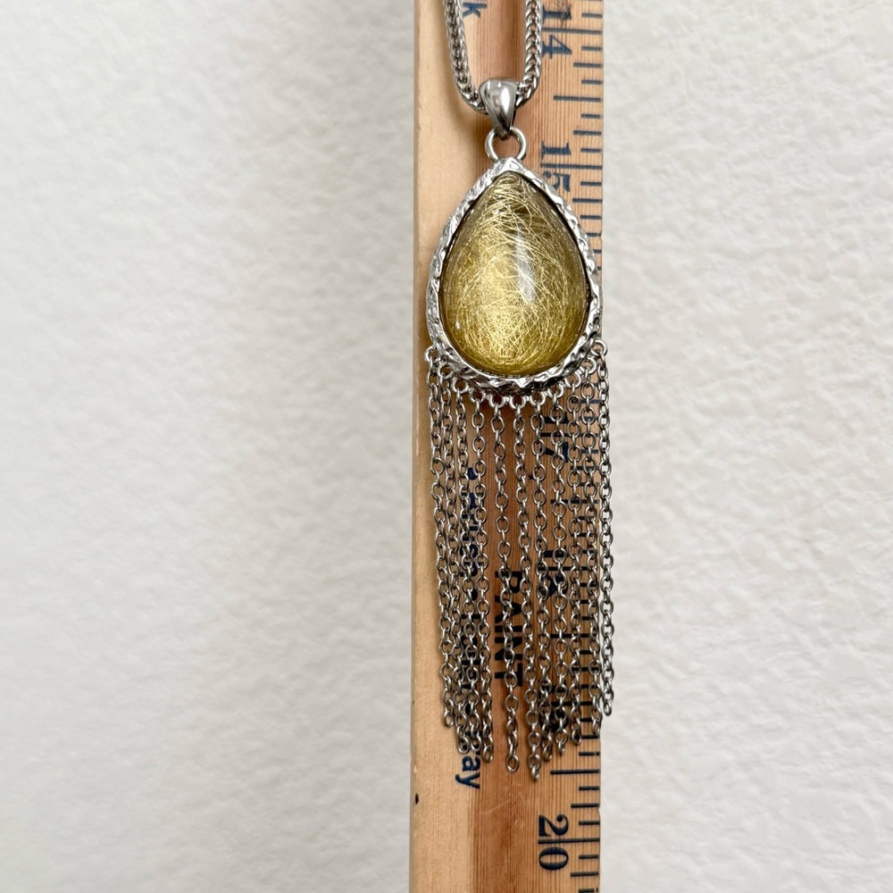 Stainless Steel Golden Rutilated Quartz Teardrop Fringe Pendant 29” Necklace - Picture 7 of 14